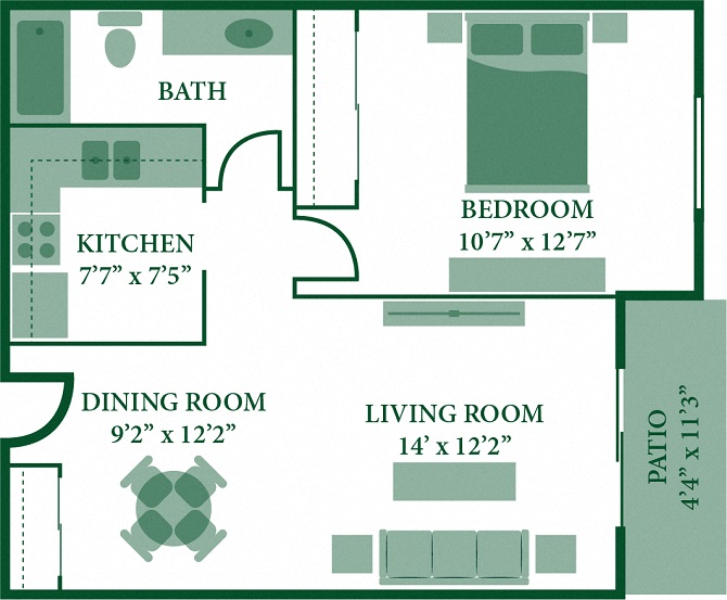 Floor plan for 1 bed, 1 bath, 600 sqft